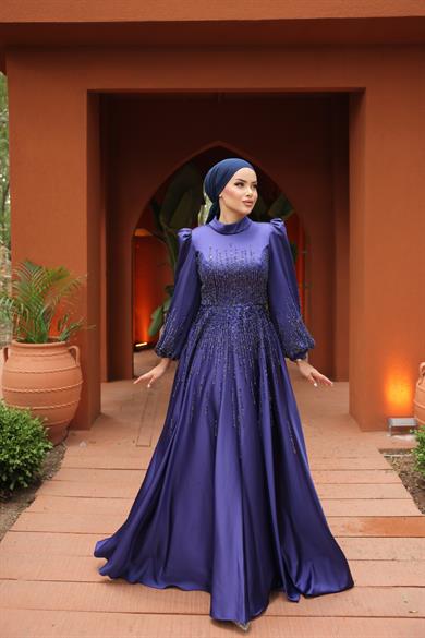 Besticktes Satin Abendkleid Sachsenblau