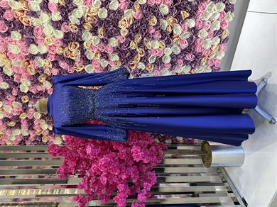 Besticktes Satin Abendkleid Sachsenblau