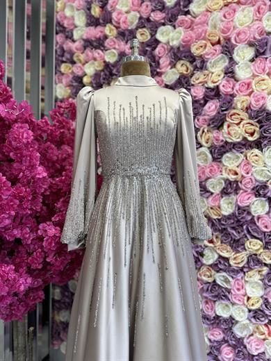 İşleme Detaylı Saten Abiye Taş