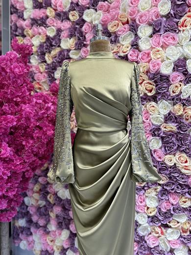 Embroidery Detailed Satin Evening Dress Oil Green 