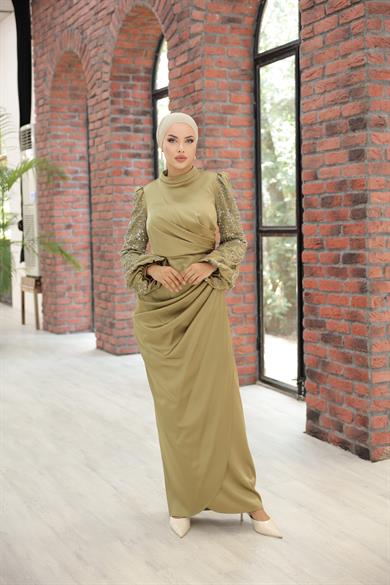 Embroidery Detailed Satin Evening Dress Oil Green 