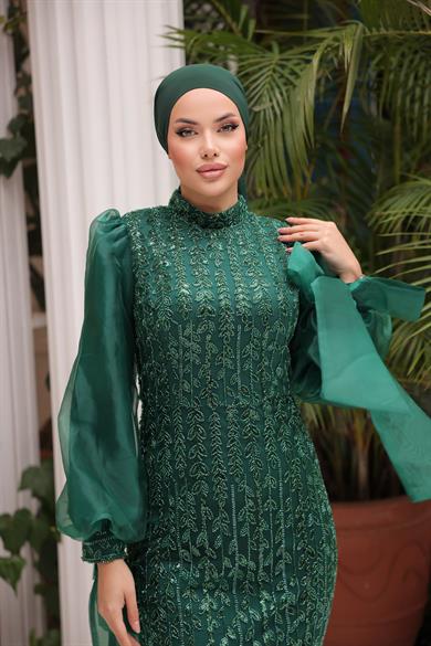 İşlemeli Kumaş Abiye Zümrüt