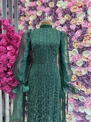 İşlemeli Kumaş Abiye Zümrüt