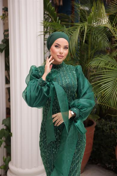 İşlemeli Kumaş Abiye Zümrüt