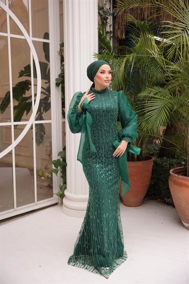 İşlemeli Kumaş Abiye Zümrüt