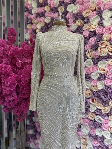 İşlemeli Kumaş Tasarım Abiye Bej