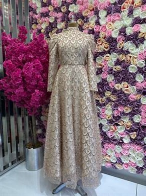 İşlemeli Kumaş Tasarım Abiye Bej