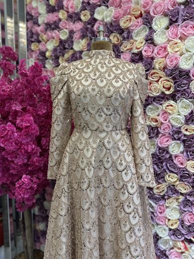 İşlemeli Kumaş Tasarım Abiye Bej