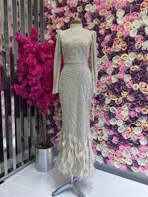 İşlemeli Kumaş Tasarım Abiye Bej