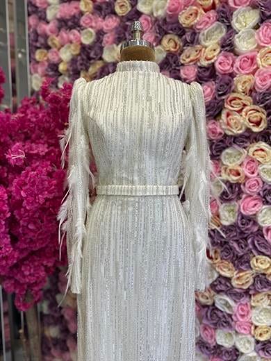 İşlemeli Kumaş Tasarım Abiye Beyaz