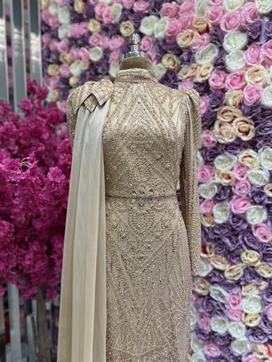 İşlemeli Kumaş Tasarım Abiye Gold