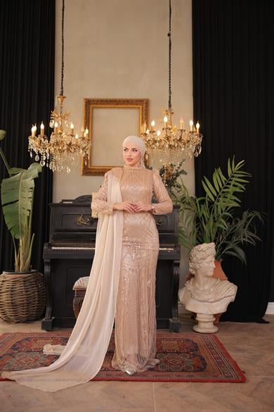 İşlemeli Kumaş Tasarım Abiye Gold