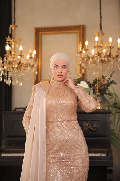 İşlemeli Kumaş Tasarım Abiye Gold