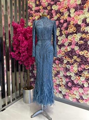 İşlemeli Kumaş Tasarım Abiye İndigo