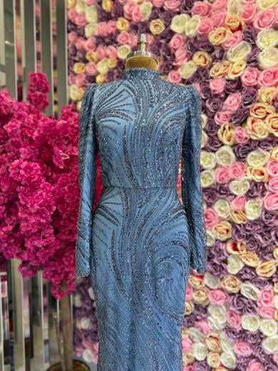 İşlemeli Kumaş Tasarım Abiye İndigo