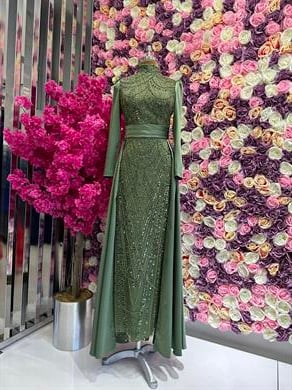Embroidered Fabric Design Evening Dress Oil Green