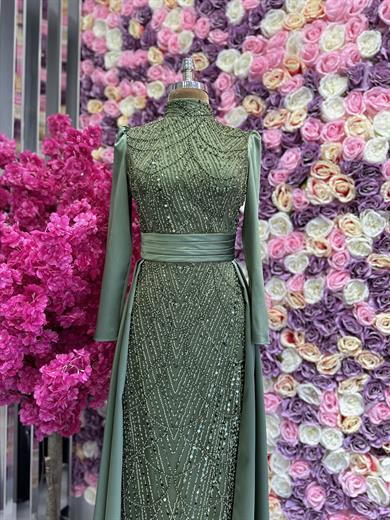 Embroidered Fabric Design Evening Dress Oil Green