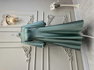 İşlemeli Saten Abiye Çağla