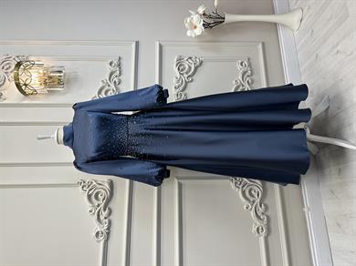 İşlemeli Saten Abiye İndigo