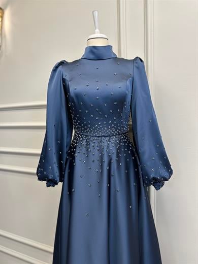 İşlemeli Saten Abiye İndigo