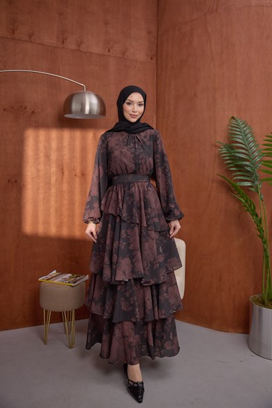 Kat Kat Desenli Elbise Kahve