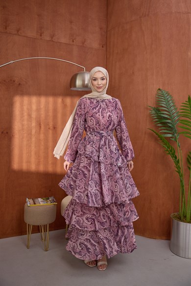 Kat Kat Desenli Elbise Lila