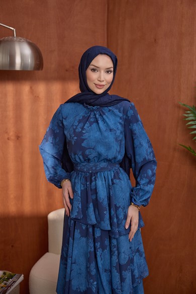 Kat Kat Desenli Elbise Mavi