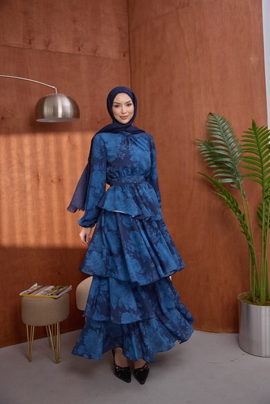 Kat Kat Desenli Elbise Mavi