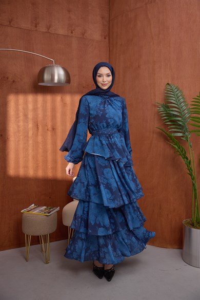 Kat Kat Desenli Elbise Mavi