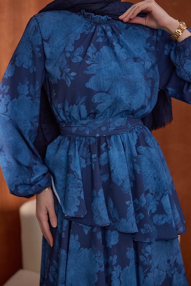 Kat Kat Desenli Elbise Mavi