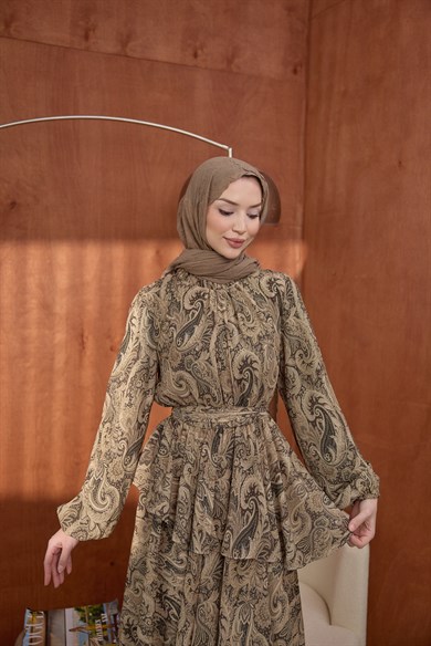 Kat Kat Desenli Elbise Yeşil