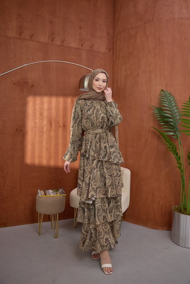 Kat Kat Desenli Elbise Yeşil