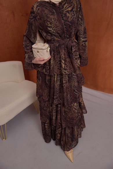 Kat Kat Şifon Elbise Leopar Kahve