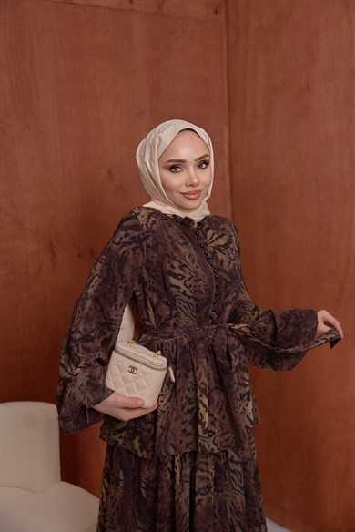 Kat Kat Şifon Elbise Leopar Kahve