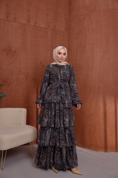 Kat Kat Şifon Elbise Leopar Siyah