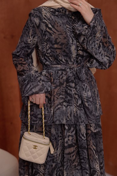 Kat Kat Şifon Elbise Leopar Siyah