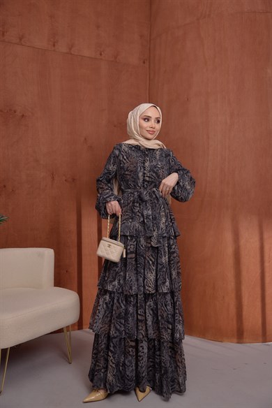 Kat Kat Şifon Elbise Leopar Siyah