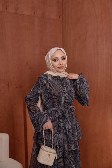 Kat Kat Şifon Elbise Leopar Siyah