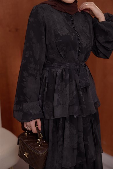 Kat Kat Şifon Elbise Siyah