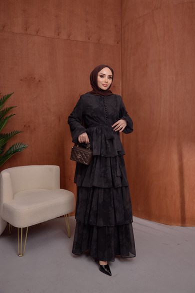 Kat Kat Şifon Elbise Siyah