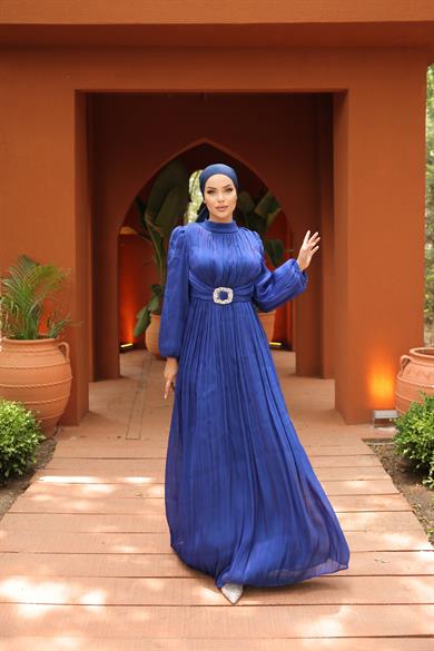 Kemer Detaylı Krinkıl Şifon Abiye Saks