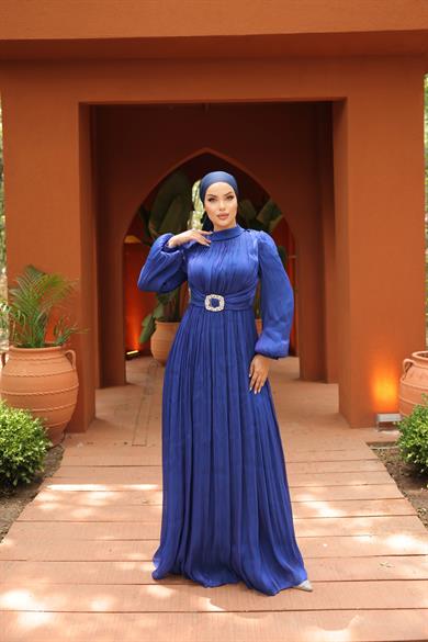 Kemer Detaylı Krinkıl Şifon Abiye Saks