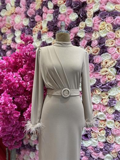 Kemerli Zarif Elbise Bej