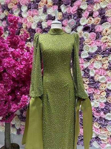 Kol Ucu Fiyonk Detaylı Abiye Yağ Yeşili