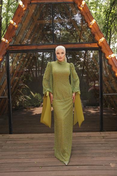 Kol Ucu Fiyonk Detaylı Abiye Yağ Yeşili