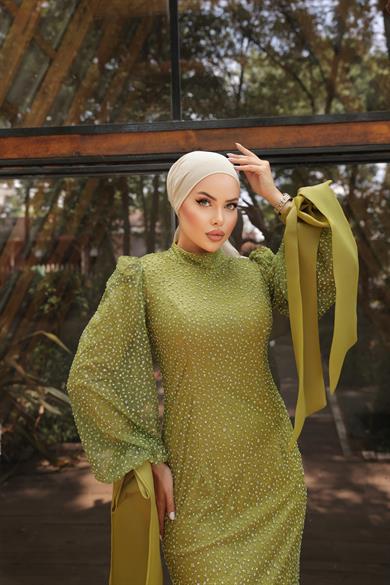 Kol Ucu Fiyonk Detaylı Abiye Yağ Yeşili