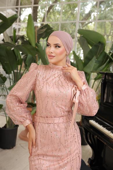 Kolu Bağlama Detaylı Abiye Pudra 