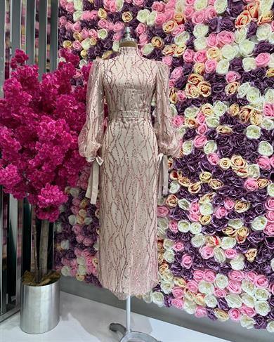 Kolu Bağlama Detaylı Abiye Pudra 