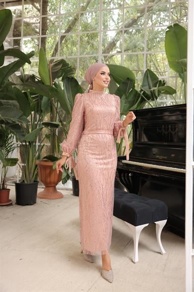 Kolu Bağlama Detaylı Abiye Pudra 