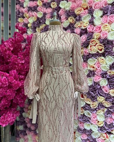 Kolu Bağlama Detaylı Abiye Pudra 